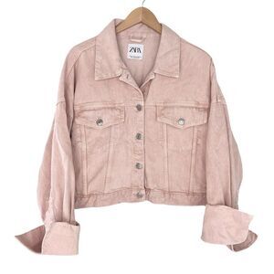 ZARA Women’s M-L Blush Pink 100% Cotton Jean Denim Cropped Boxy Relaxed Jacket